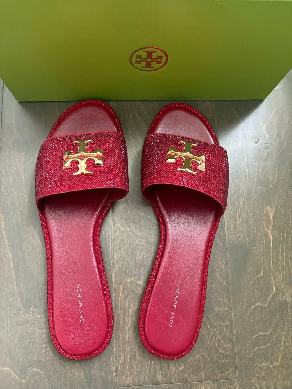 Tory Burch Everly  Red Crystal Logo Slide Sandals